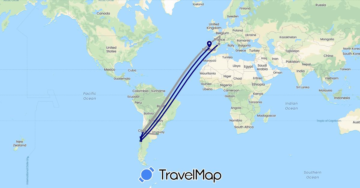TravelMap itinerary: driving, bus, plane, boat in Argentina, Chile, France, Portugal, Uruguay (Europe, South America)
